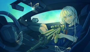 Preview wallpaper girl, car, weapon, butterfly, anime