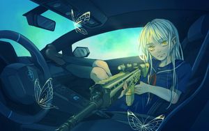 Preview wallpaper girl, car, weapon, butterfly, anime