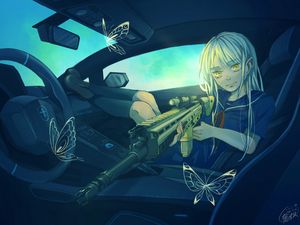 Preview wallpaper girl, car, weapon, butterfly, anime