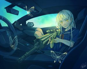 Preview wallpaper girl, car, weapon, butterfly, anime