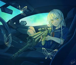 Preview wallpaper girl, car, weapon, butterfly, anime