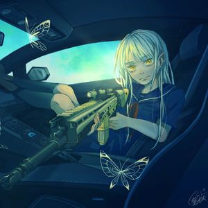 Preview wallpaper girl, car, weapon, butterfly, anime