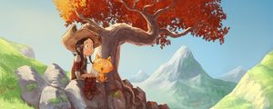 Preview wallpaper girl, cat, art, tree, rendezvous