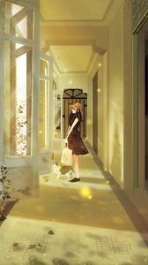 Preview wallpaper girl, cat, art, corridor, door