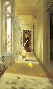 Preview wallpaper girl, cat, art, corridor, door