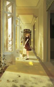 Preview wallpaper girl, cat, art, corridor, door