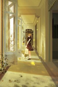 Preview wallpaper girl, cat, art, corridor, door