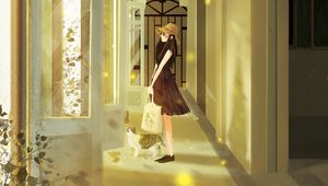 Preview wallpaper girl, cat, art, corridor, door