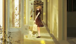 Preview wallpaper girl, cat, art, corridor, door