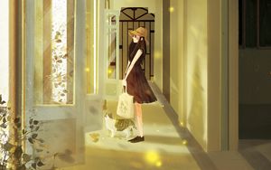 Preview wallpaper girl, cat, art, corridor, door