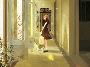 Preview wallpaper girl, cat, art, corridor, door