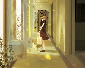 Preview wallpaper girl, cat, art, corridor, door