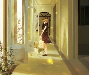 Preview wallpaper girl, cat, art, corridor, door