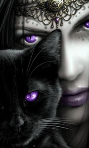 Preview wallpaper girl, cat, eyes, lilac, person