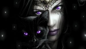 Preview wallpaper girl, cat, eyes, lilac, person