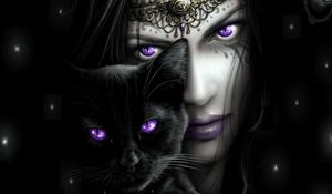 Preview wallpaper girl, cat, eyes, lilac, person