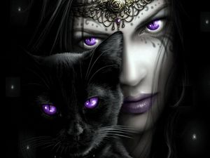 Preview wallpaper girl, cat, eyes, lilac, person