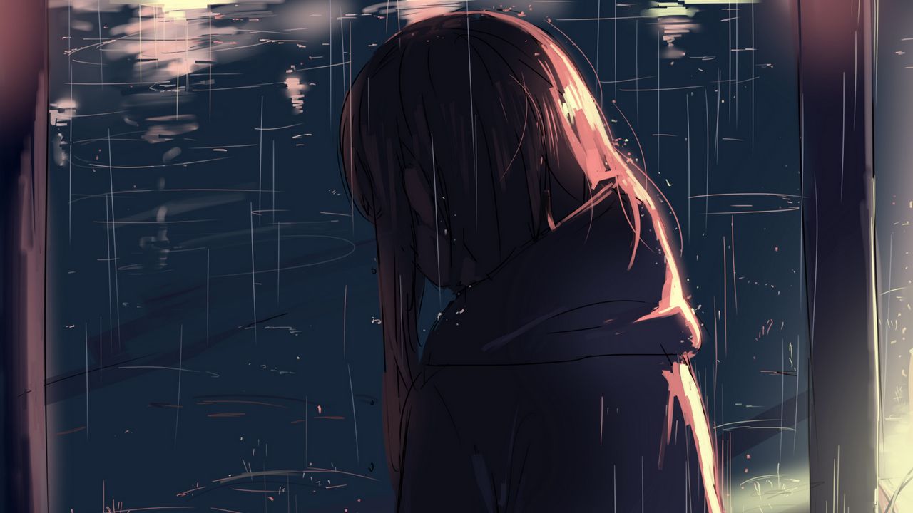 Wallpaper girl, cat, friends, rain, anime