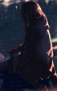 Preview wallpaper girl, cat, friends, rain, anime