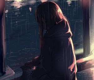 Preview wallpaper girl, cat, friends, rain, anime