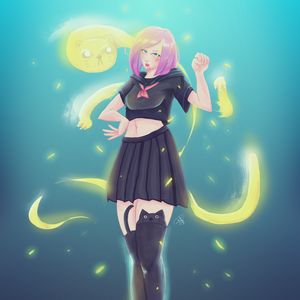 Preview wallpaper girl, cat, ghost, gesture, stockings, anime, art