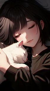 Preview wallpaper girl, cat, hugs, anime