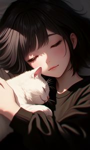 Preview wallpaper girl, cat, hugs, anime