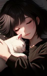 Preview wallpaper girl, cat, hugs, anime