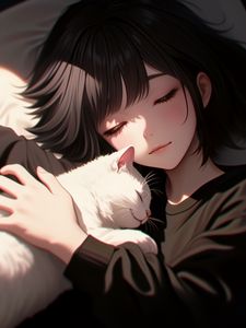 Preview wallpaper girl, cat, hugs, anime