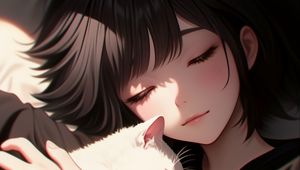 Preview wallpaper girl, cat, hugs, anime