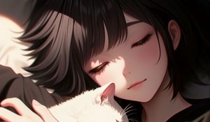 Preview wallpaper girl, cat, hugs, anime