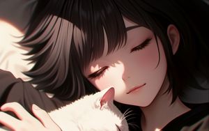 Preview wallpaper girl, cat, hugs, anime