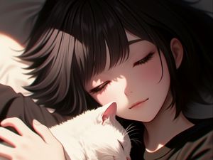 Preview wallpaper girl, cat, hugs, anime