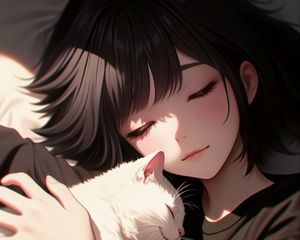 Preview wallpaper girl, cat, hugs, anime