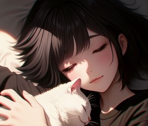 Preview wallpaper girl, cat, hugs, anime