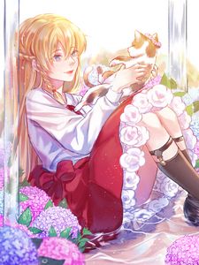 Preview wallpaper girl, cat, hydrangeas, flowers, anime, art