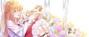 Preview wallpaper girl, cat, hydrangeas, flowers, anime, art