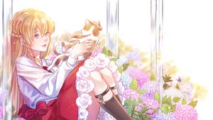 Preview wallpaper girl, cat, hydrangeas, flowers, anime, art
