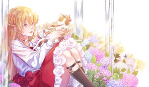 Preview wallpaper girl, cat, hydrangeas, flowers, anime, art