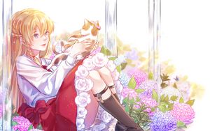 Preview wallpaper girl, cat, hydrangeas, flowers, anime, art