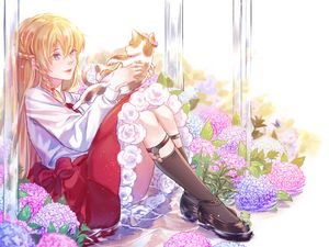 Preview wallpaper girl, cat, hydrangeas, flowers, anime, art