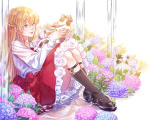 Preview wallpaper girl, cat, hydrangeas, flowers, anime, art