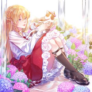 Preview wallpaper girl, cat, hydrangeas, flowers, anime, art