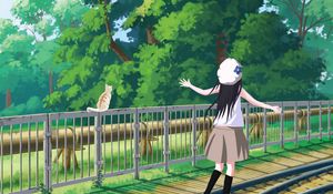 Preview wallpaper girl, cat, railway, trees, art