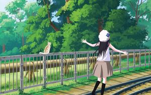 Preview wallpaper girl, cat, railway, trees, art