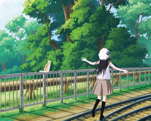 Preview wallpaper girl, cat, railway, trees, art