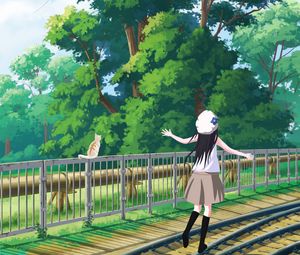 Preview wallpaper girl, cat, railway, trees, art