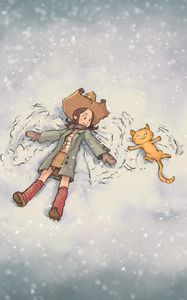 Preview wallpaper girl, cat, snow, play, friendship