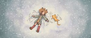 Preview wallpaper girl, cat, snow, play, friendship