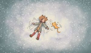 Preview wallpaper girl, cat, snow, play, friendship